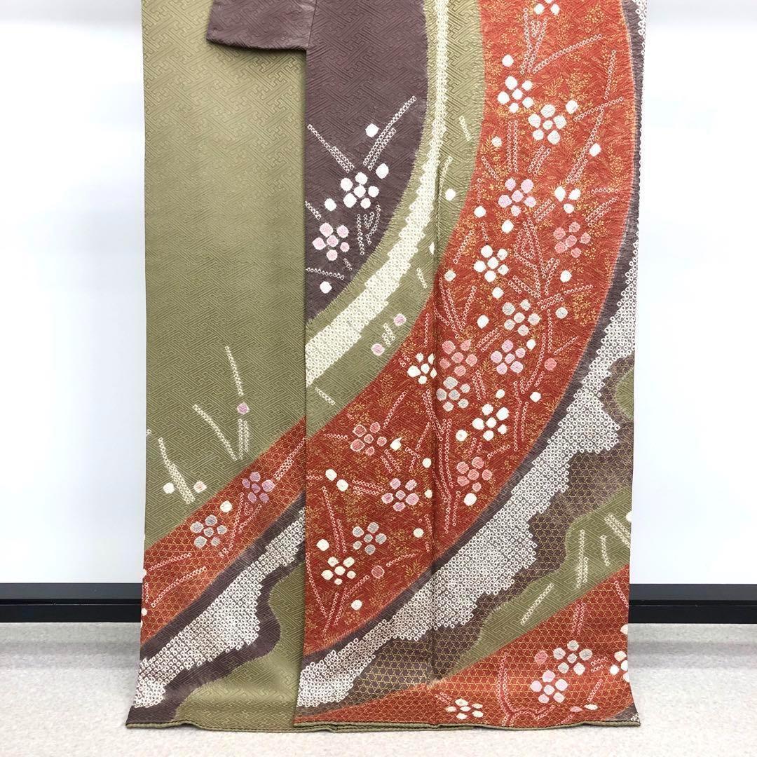訪問着 花柄絞り 鹿の子 紗綾形紋様 根岸色 トールサイズ K-2845 訪問着 花柄絞り 鹿の子 紗綾形紋様 根岸色 トールサイズ K-2845