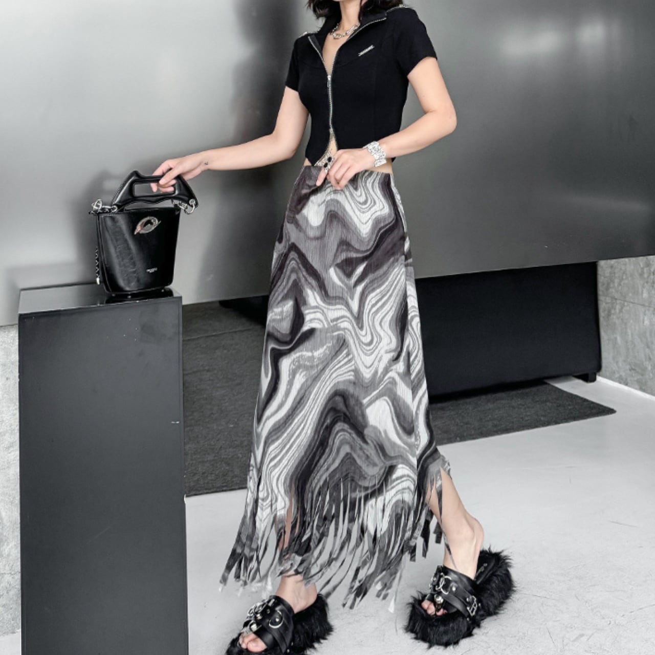 Marble Pattern Fringe Midi Skirt L00232