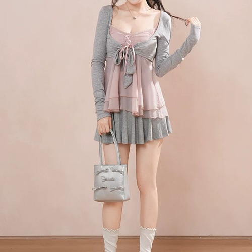 【3点セット】ショートリボンカーデ＋シフォンキャミ＋フレアミニスカート ・78750