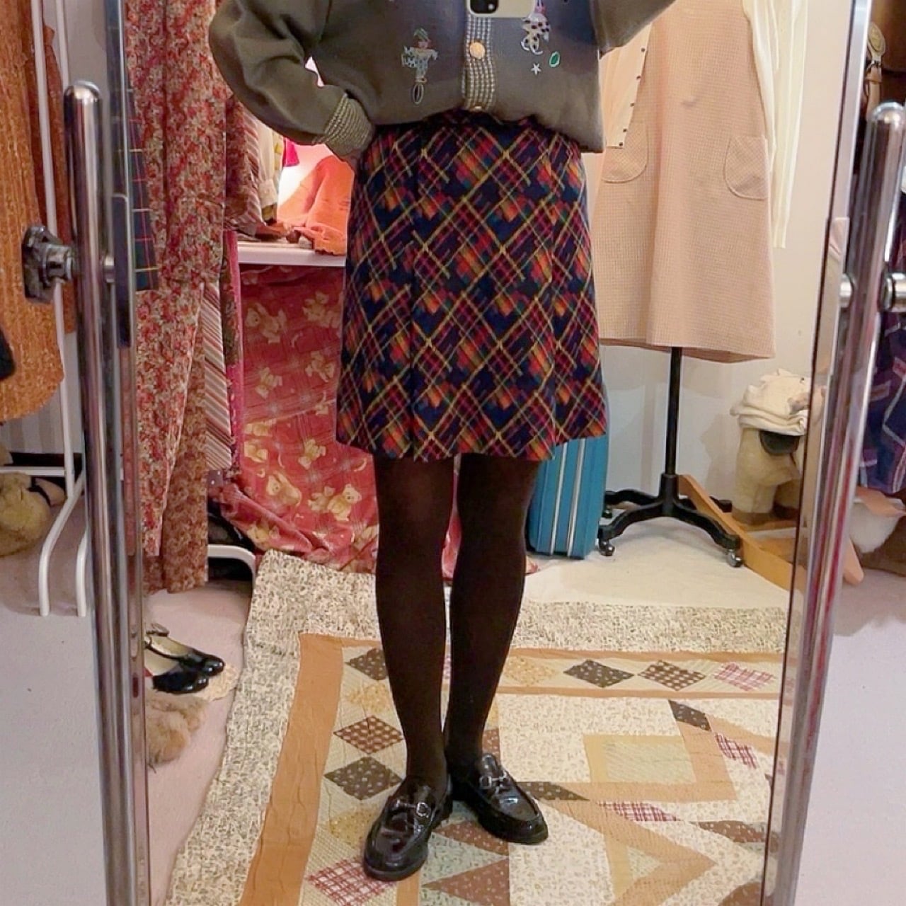 navy orange check mini tuck skirt