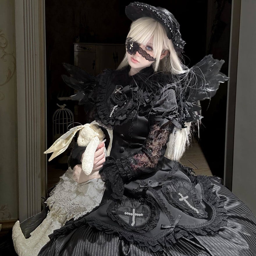 【もっぷ】ゴスロリドレス ボンネット付き　XLサイズ ゴシックロリータ ボンネット アームカバー ヘッドドレス 小物