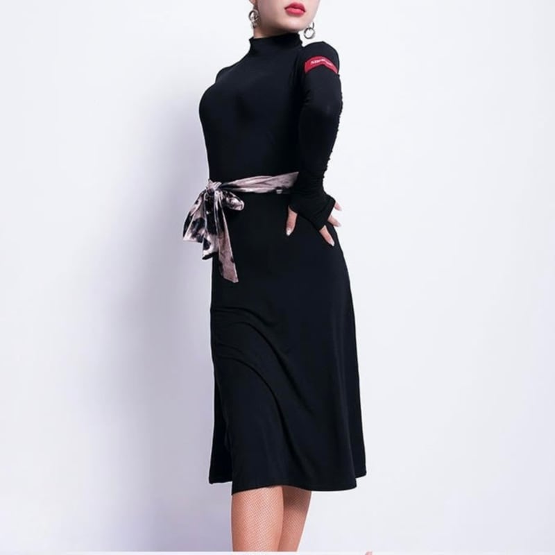 ハイネック サイドスリット ウエストリボン ダンスドレス 1col D00521