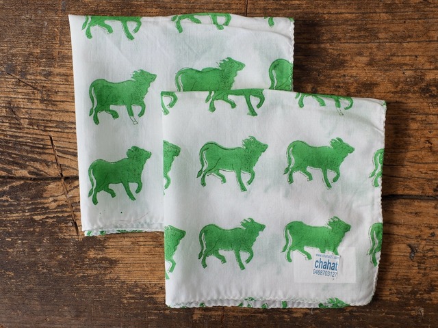 156ri049 Block Print Handkerchief b74 牛 green