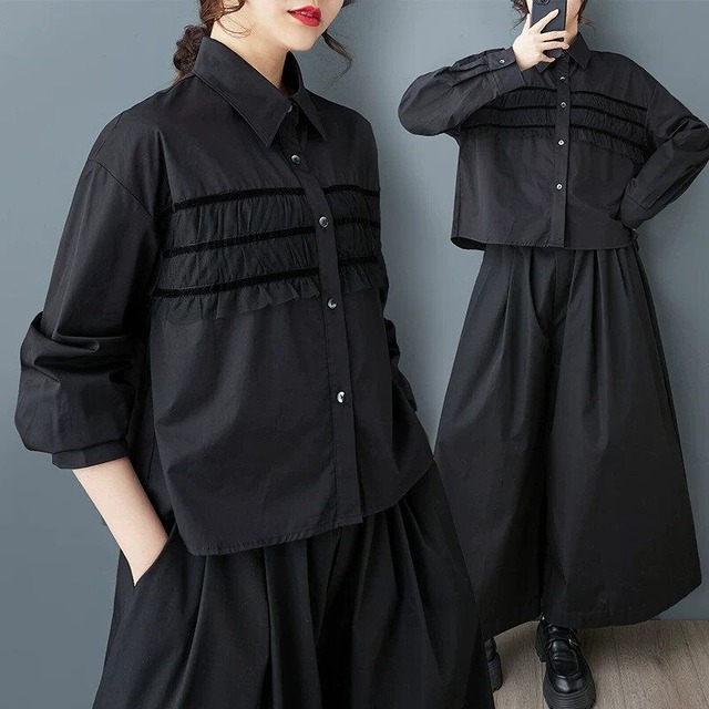 BLACK LONG SLEEVES SHORT HEM DESIGN SHIRT 1color M-16557
