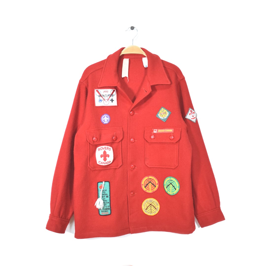 90s BSA ボーイスカウト USA製 ウールシャツジャケット ワッペン ヴィンテージ 赤  サイズL相当 古着 @DZ0423