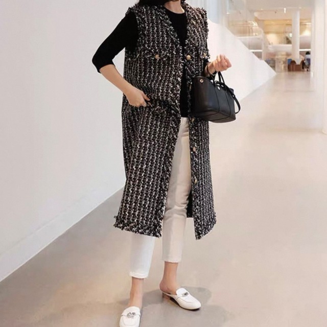 ゴールドボタンツイードロングベスト　N00202