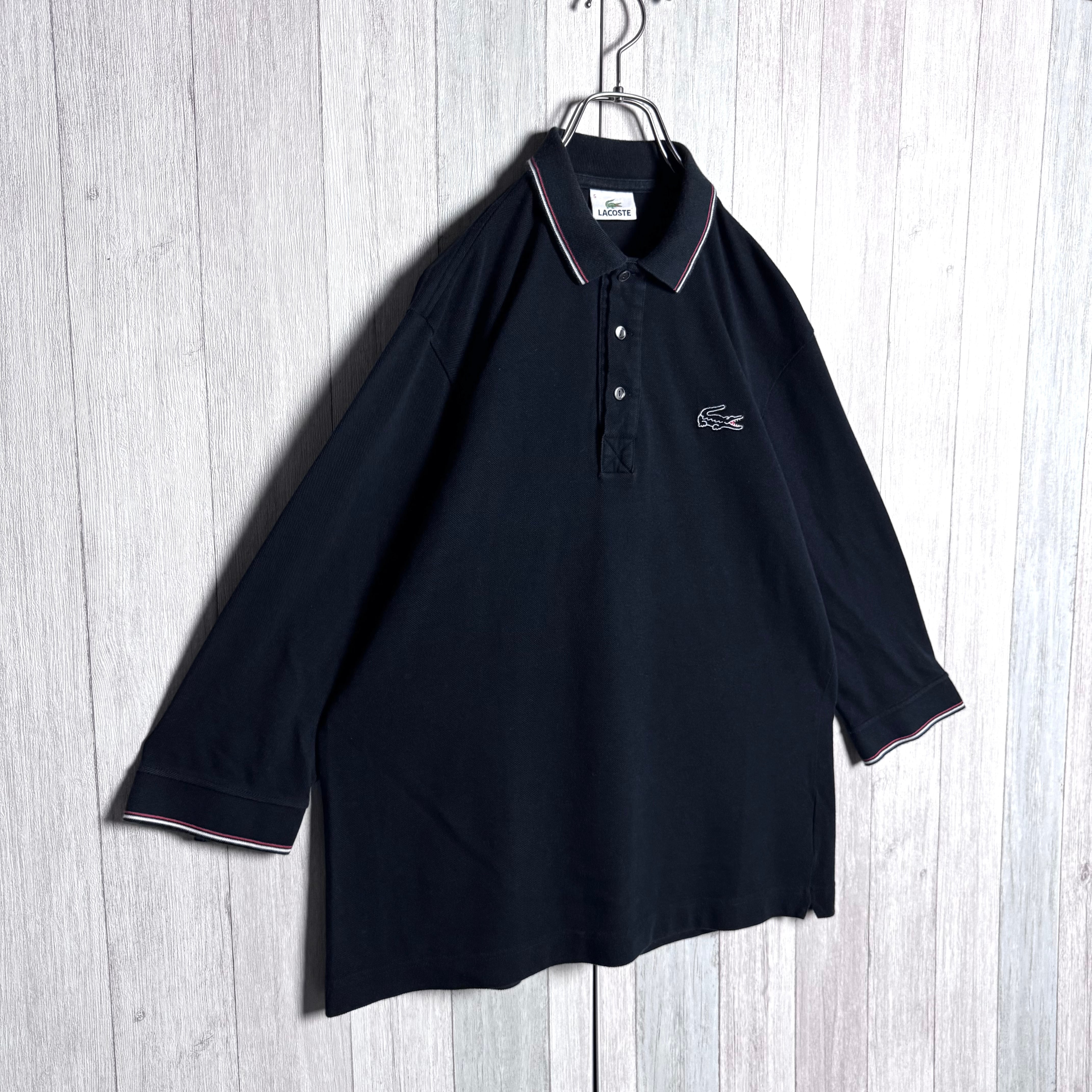 LACOSTE 日本製 ワンポイント 鹿子ポロシャツ ブラック LACOSTE ラコステ 7分袖 ポロシャツ 鹿子 ワンポイント刺繍ロゴ