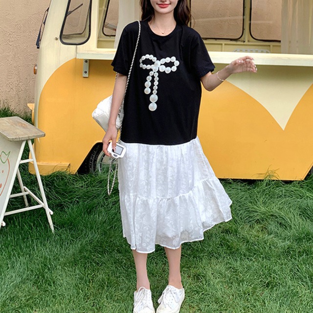 パール リボン Ｔシャツ フラワー ワンピース ブラック×ホワイト 250491