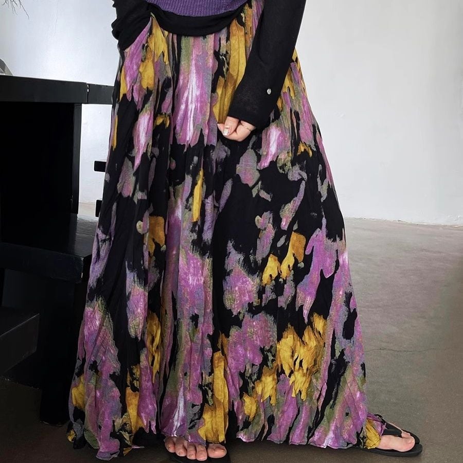 PRINT A-LINE WRINKLED MAXI DESIGN SKIRT 1color M-16135