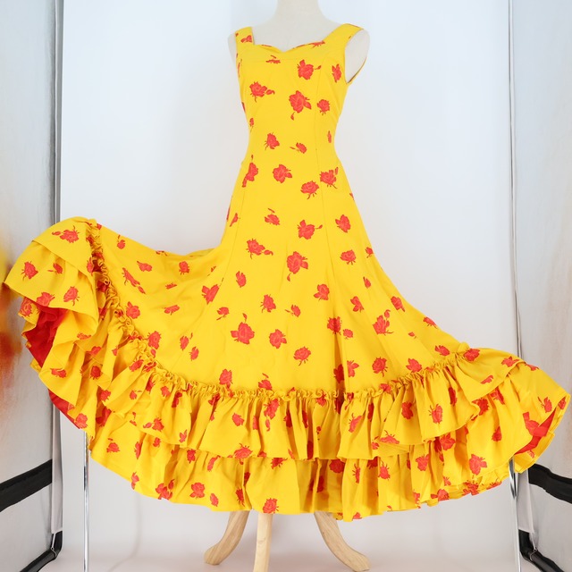 美品 フラメンコ衣装】オレンジ×花柄 採っ ワンピース ドレス ボランテ 