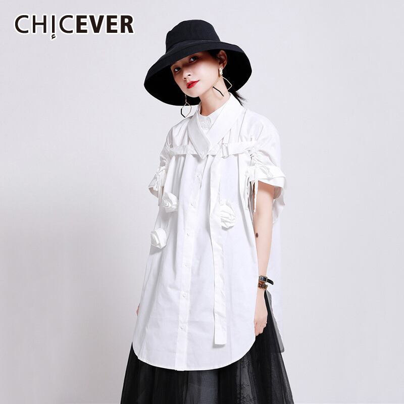 CHICEVERパッチワークレースアップシャツレディーススタンドカラー半袖フローラル非対称裾ブラウス2020秋 ショート ハーフスリーブ 花柄 6base569321387440