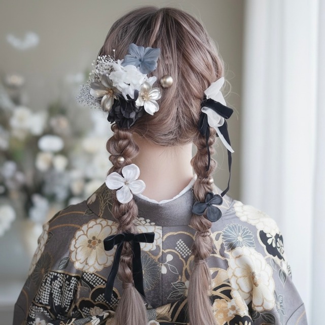 A348 マム　髪飾り　ブラック　浴衣　七五三　成人式　卒業式　振袖　袴　カラフル