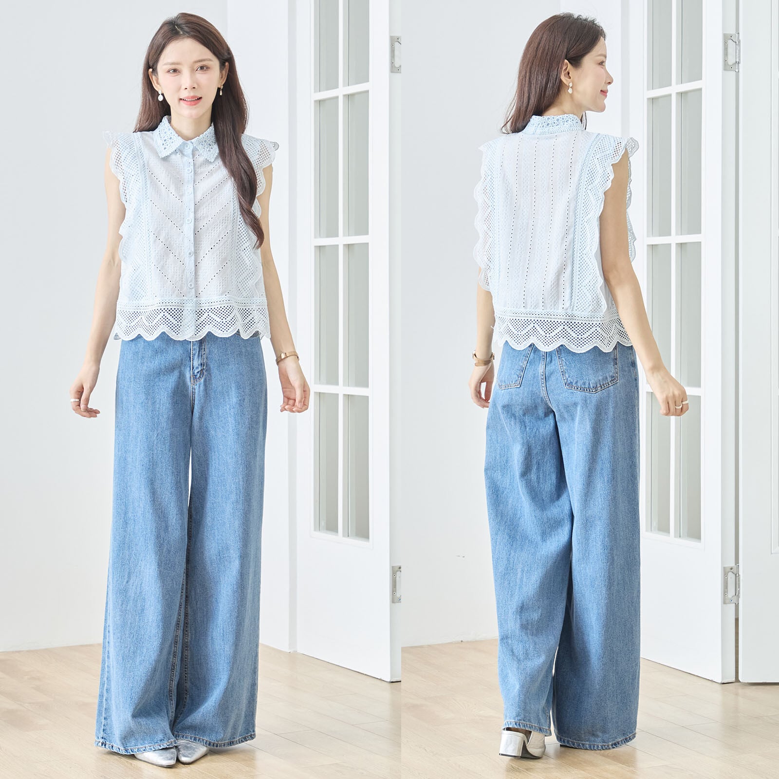 【M〜L】レース刺繍スカラップノースリーブブラウス(N72-505A,N72-505B)