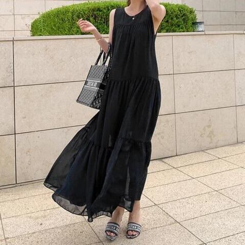 シルクシフォンノースリーブドレス[Apricot,Black]