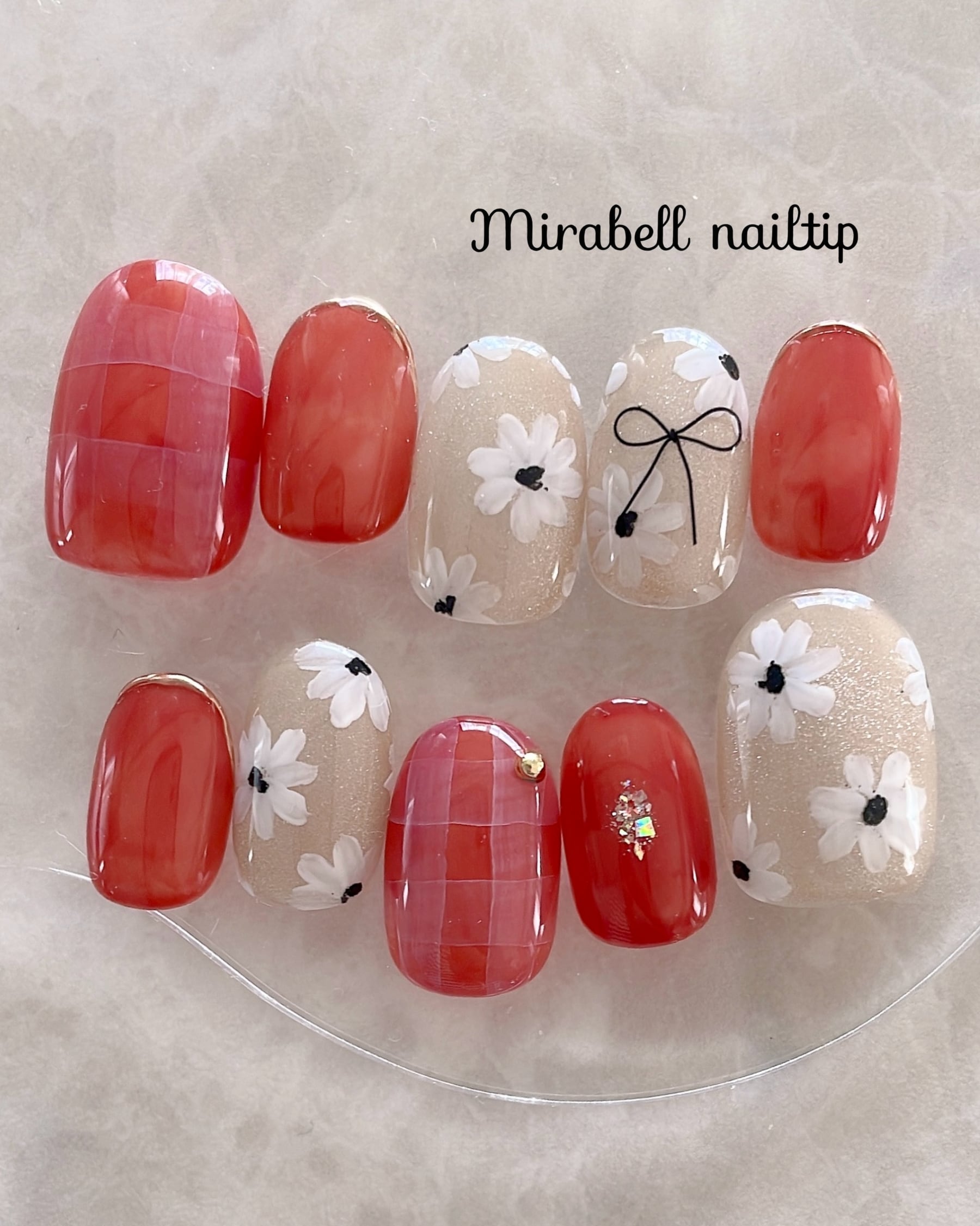 ほっこり あったか テラコッタ オレンジ レッド フラワー リボン インク チェック ミラー フレンチ 10枚 15枚 ネイルチップ オーダー セット #ncs019