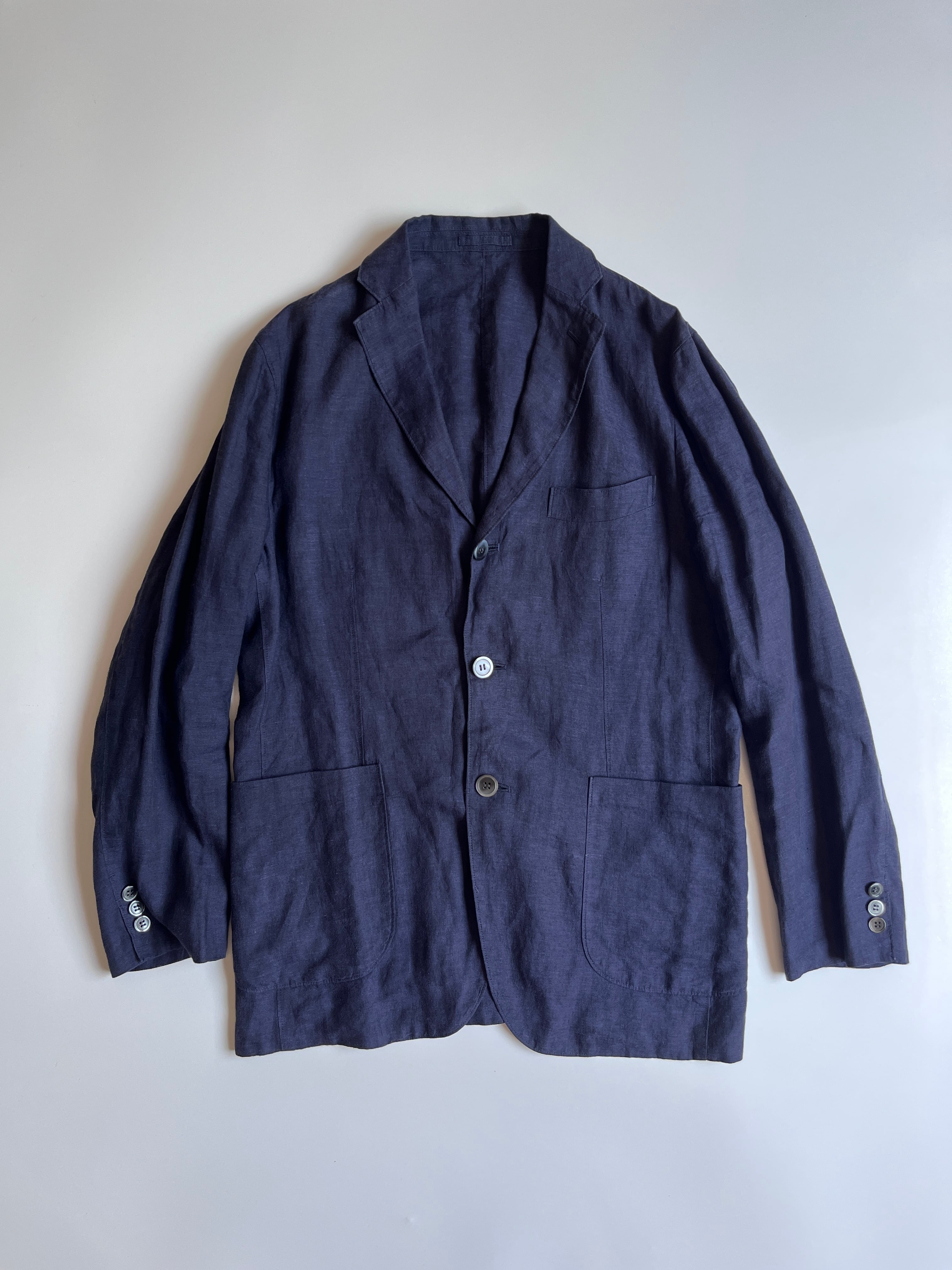 バーニーズニューヨーク BARNEYS NEW YORK リネン100% アンコンジャケット テーラードジャケット|ネイビー|48|古着 日本製