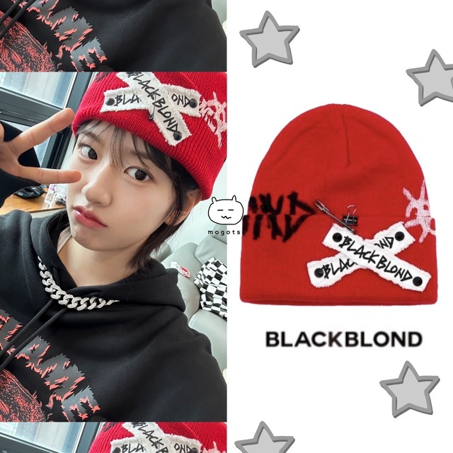 ★IVE アンユジン 着用！！【BLACKBLOND】BBD Graffiti Logo Patch Beanie (Red)