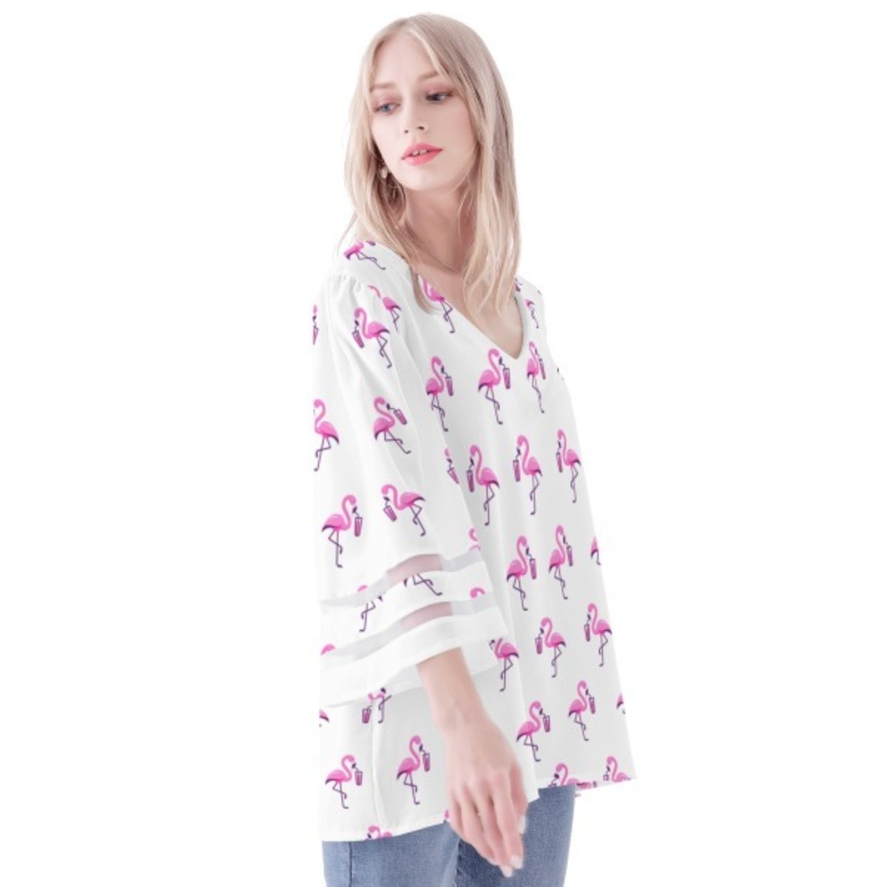 Women's Loose Chiffon Blouse with Puff Sleeves White 4504