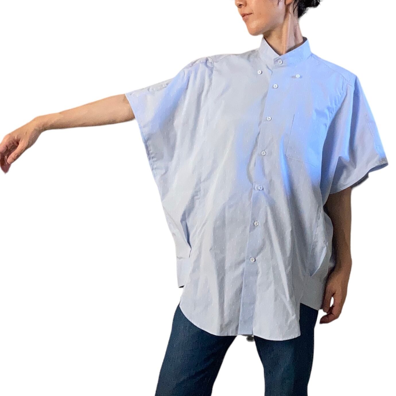 ZOZOTTE ドルマンスリーブシャツ/ライトブルー地柄/古着リメイク/1点物