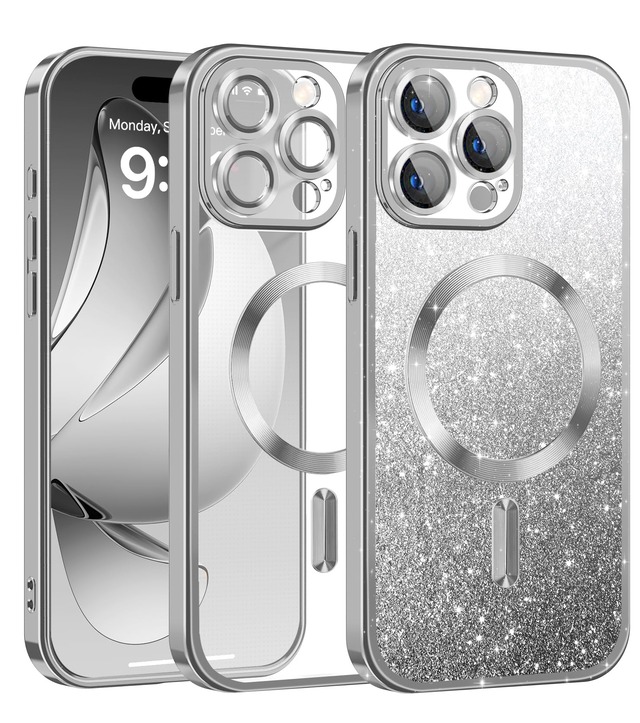 適用iPhone 15 Proケース キラキラ Magsafe対応 カメラ全面保護グリッターシート ラメ 透明 アイフォン 15プロ向けのスマホケース 女の子かわいい メッキ加工 軽薄型ソフトTPU衝撃吸収 Qi充電 アイフォン 15 Pro用携帯 カバー(シルバー)