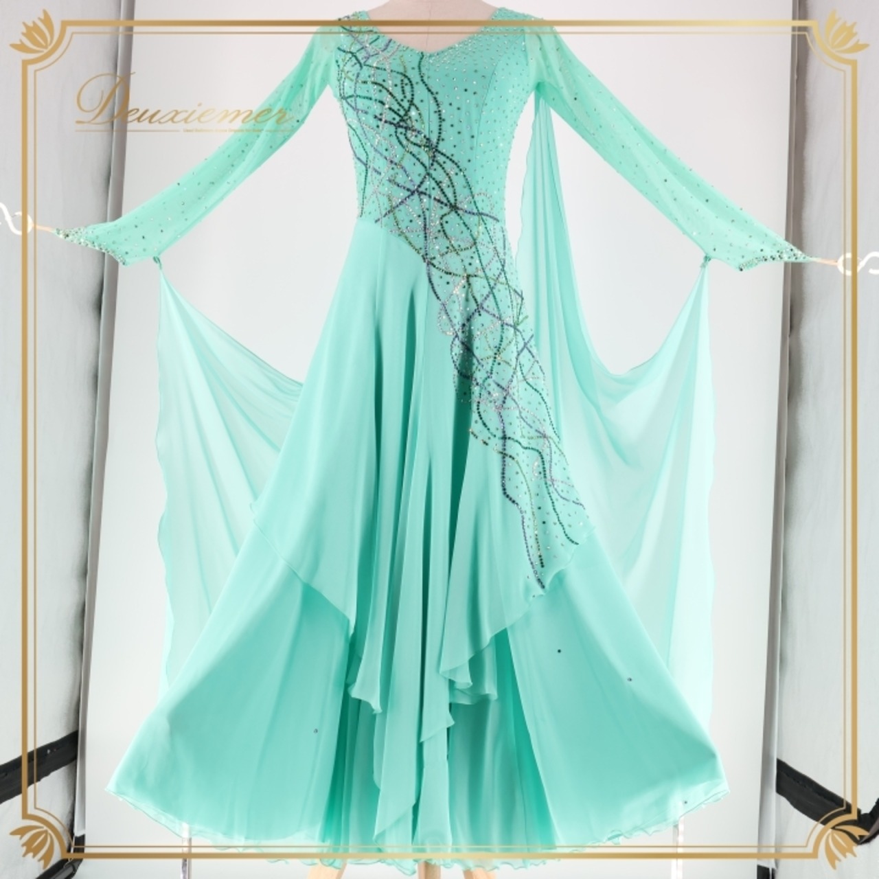 社交ダンス 衣装 スタンダードドレス ワンピース ドレス グリーン系 ブルー系 緑 エメラルドグリーン デモ 競技 ダンス パーティ 発表会 レース フロート エレガント フェミニン ダンス発表会 パフォーマンス用 おしゃれ 上品 コスチューム レディース