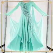 社交ダンス 衣装 スタンダードドレス ワンピース ドレス グリーン系 ブルー系 緑 エメラルドグリーン デモ 競技 ダンス パーティ 発表会 レース フロート エレガント フェミニン ダンス発表会 パフォーマンス用 おしゃれ 上品 コスチューム レディース