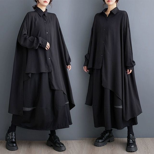 BLACK IRREGULAR HEM A-LINE LONGLINE SHIRT 1color M-11030