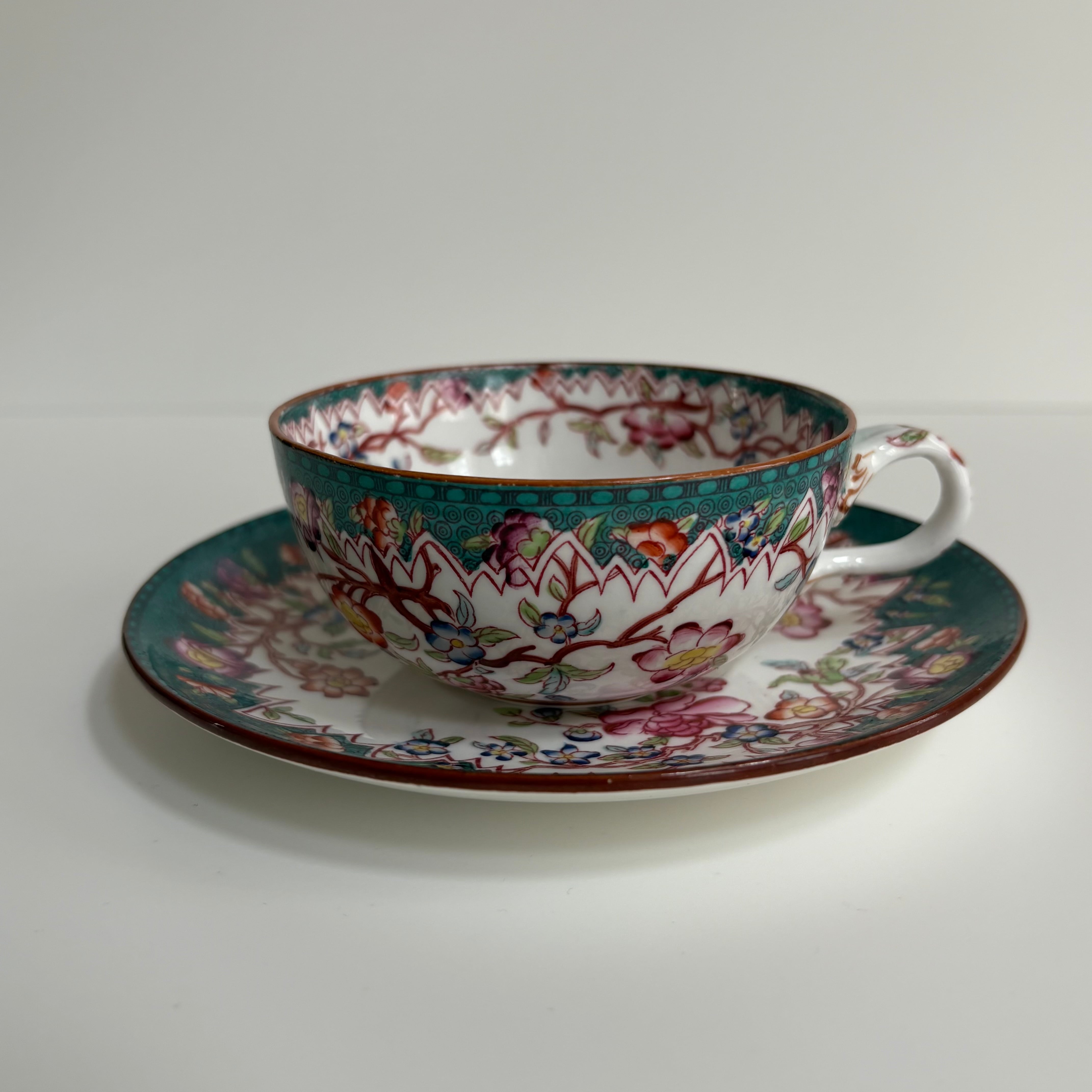 フランス　アンティーク　モノグラム　プレート　藍色　Bordeaux ルーアン サルグミンヌ MINTON No.218 ティーカップ＆ソーサー（深い翡翠色の花