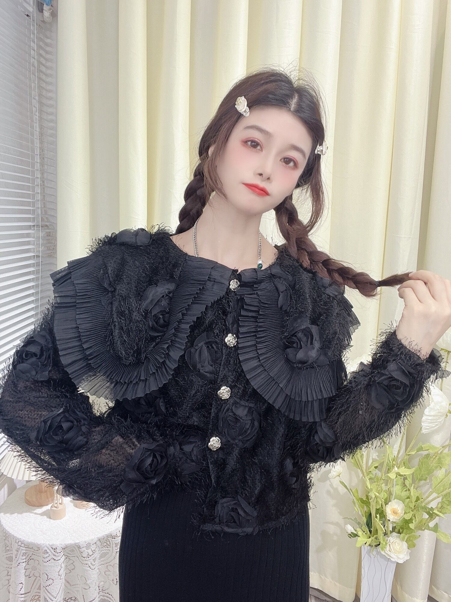 ピンク・茶色】カーディガン 襟 フラワー 花柄 カーディガン バイ