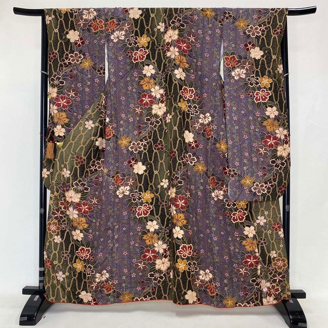 振袖 中古 紫 緑 幅広 大きめ 正絹 古典 裄66.8cm 身丈163cm 美品 M サイズ 成人式 4036