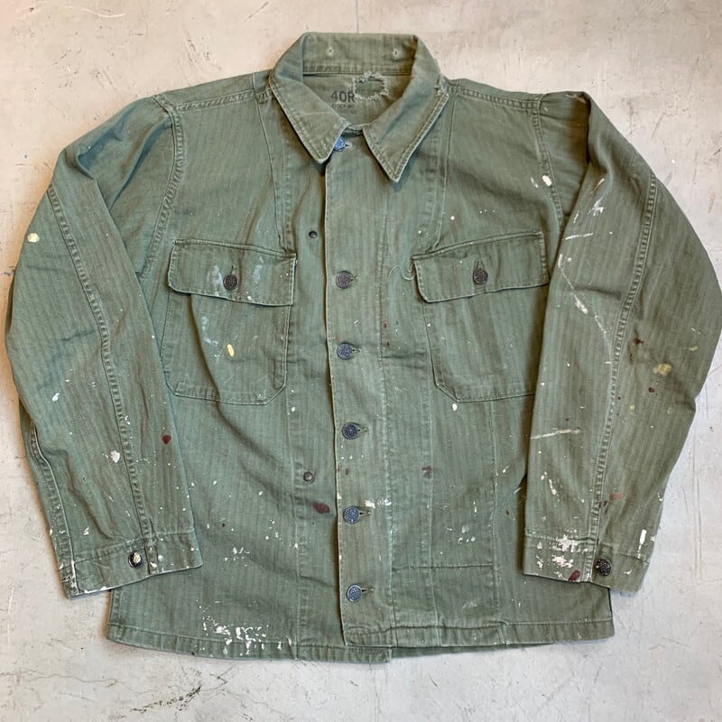 40's U.S.ARMY M-43 M-47 HBTジャケット ヘリンボーンツイル SPECIAL OD-7 HERRINGBONE TWILL  JACKET ガスフラップ 13スター カスタム ペンキ ダメージ オリーブドラブ 米軍 ミリタリー 大戦 WW II 40R 希少 ヴィンテージ