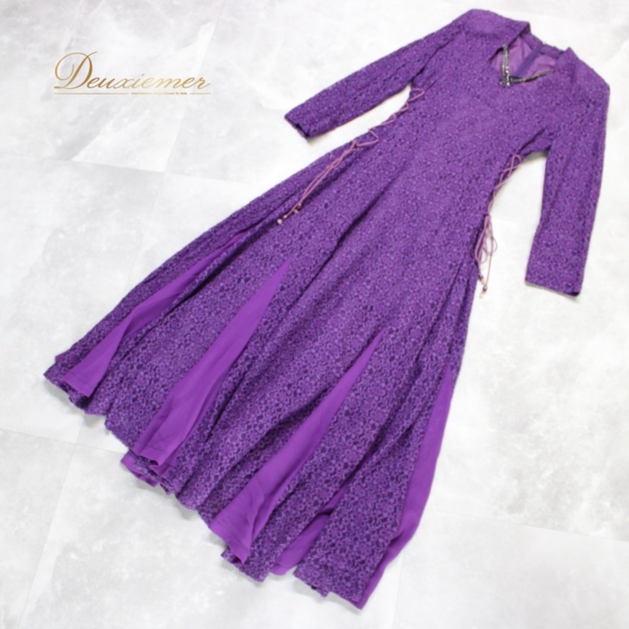 社交ダンス 衣装 スタンダード ドレス ワンピース レッスンウェア パーティドレス オールシーズン 紫 レース ラインストーン パープル系 長袖 エレガント スタイリッシュ 華やか シック 大人の女性 薄手 着心地良い 練習用 ドレスアップ デザイン フォーマル パーティー用 個性的 フェミニン セクシー 機能的 丈長 揺れる 体型カバー 軽やか