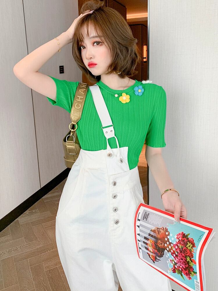 MIUCO 立体花装飾縦ストライプテクスチャースリムフィット多用途セータートップス女性 2023 フラワーデザイン MIUCO48743643272