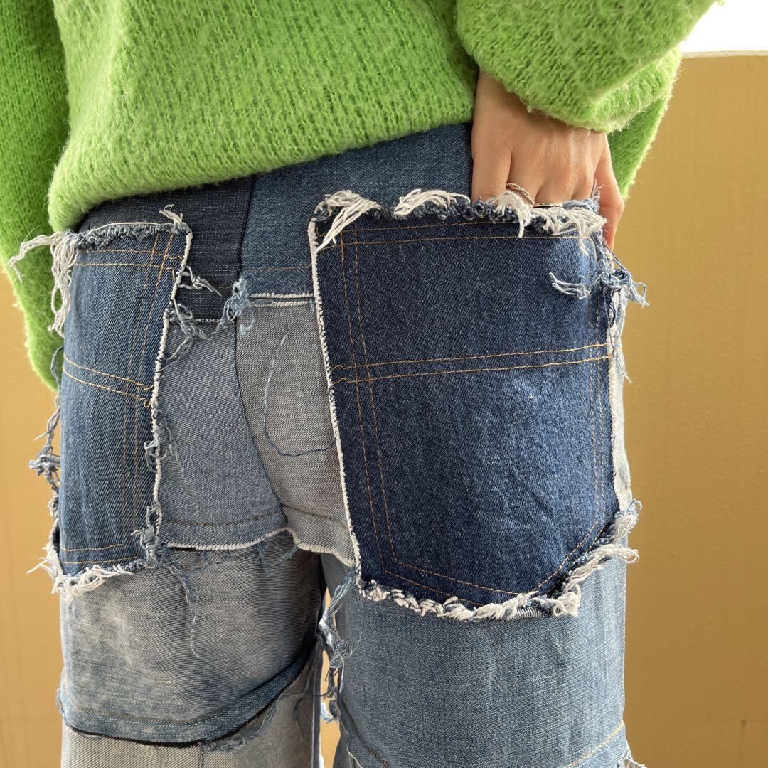 リメイクデニム ブルーデニム バギーボトム パンツ ブルー青水色 6614