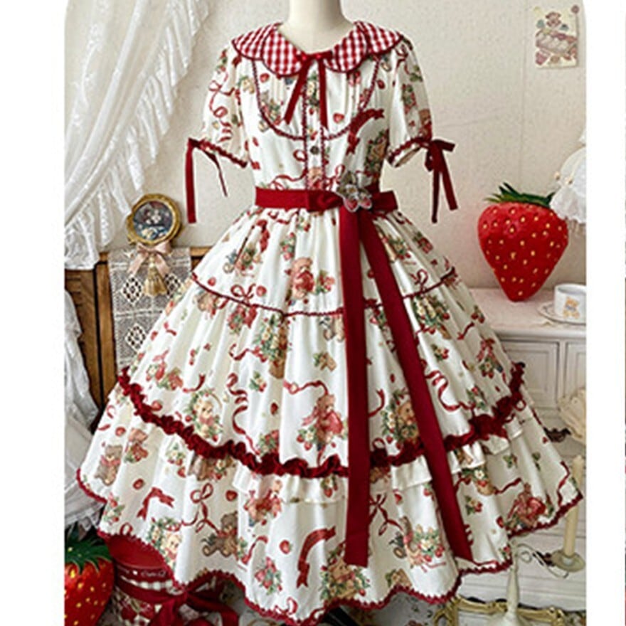 甘ロリ｜いちごとくま柄が広がるティアード ゆめかわいいワンピース