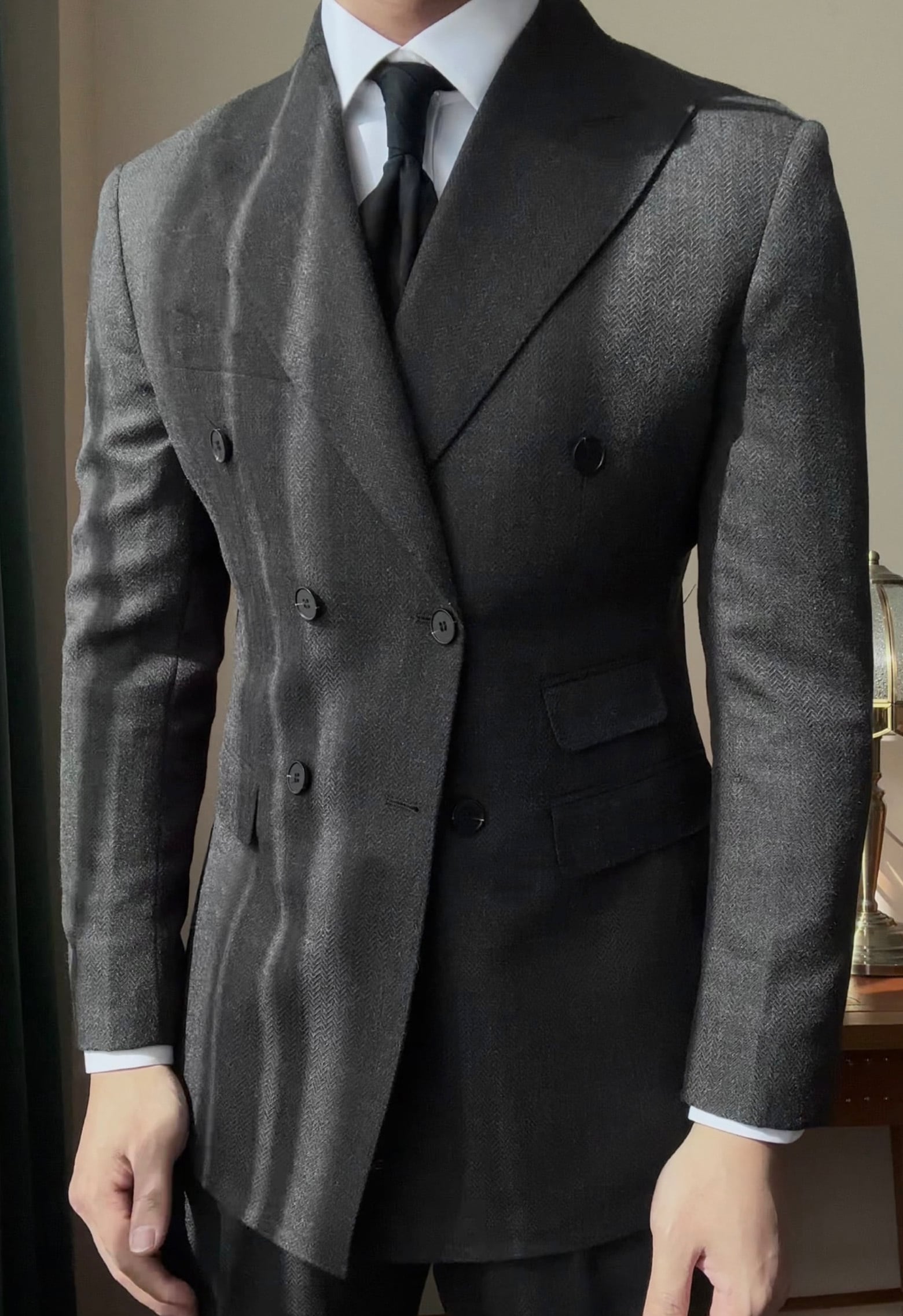 グレー ダブルブレスト ヘリンボーン スーツ ヘリンボーン柄カジュアルダブルブレストスーツ 2色展開 | Buona Vita