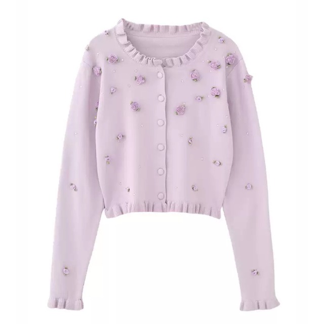 Rose and beaded ruffle neck cardigan 00306