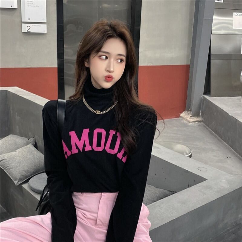 Tシャツレディースブラックハイネックスリム長袖ボトミングシャツ2020秋冬新作スタイルタイトレタートップ ブラックストロベリース28732925938