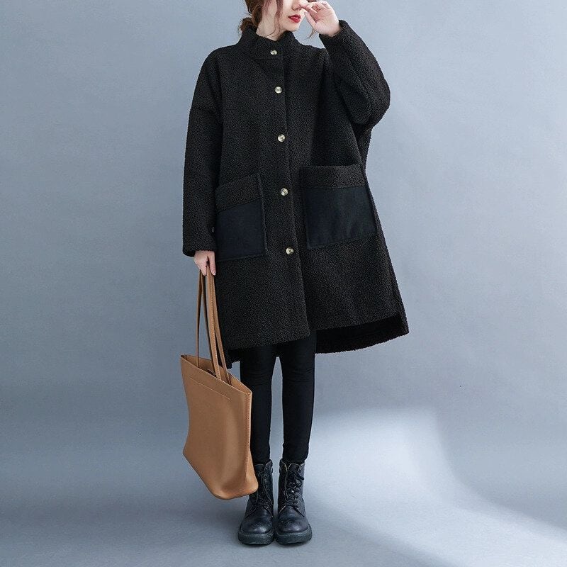 SOLID SHERPA FLEECE STAND COLLAR MIDI COAT 2colors M-14937