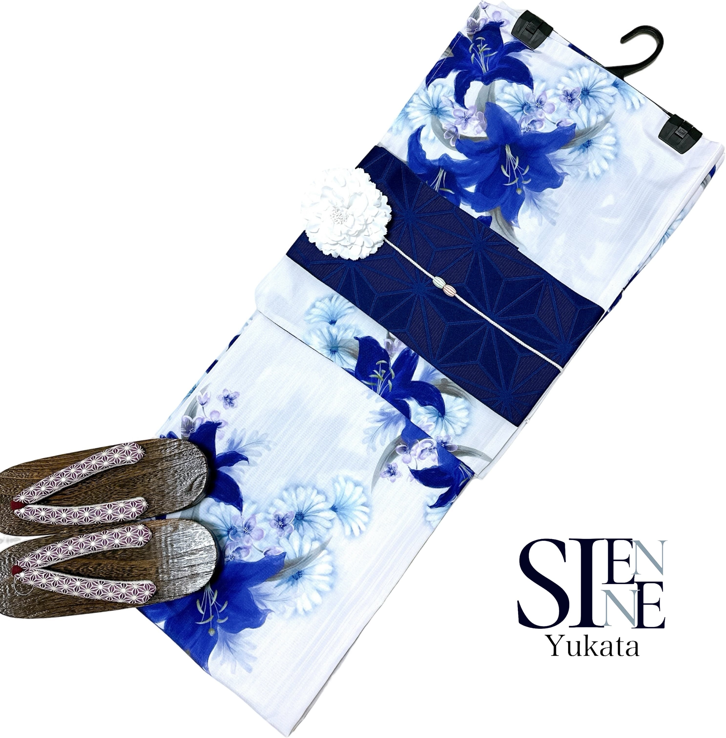 浴衣ジェンヌ 浴衣5点セット 高品質 紺の百合 水彩画調 浴衣 半幅帯  