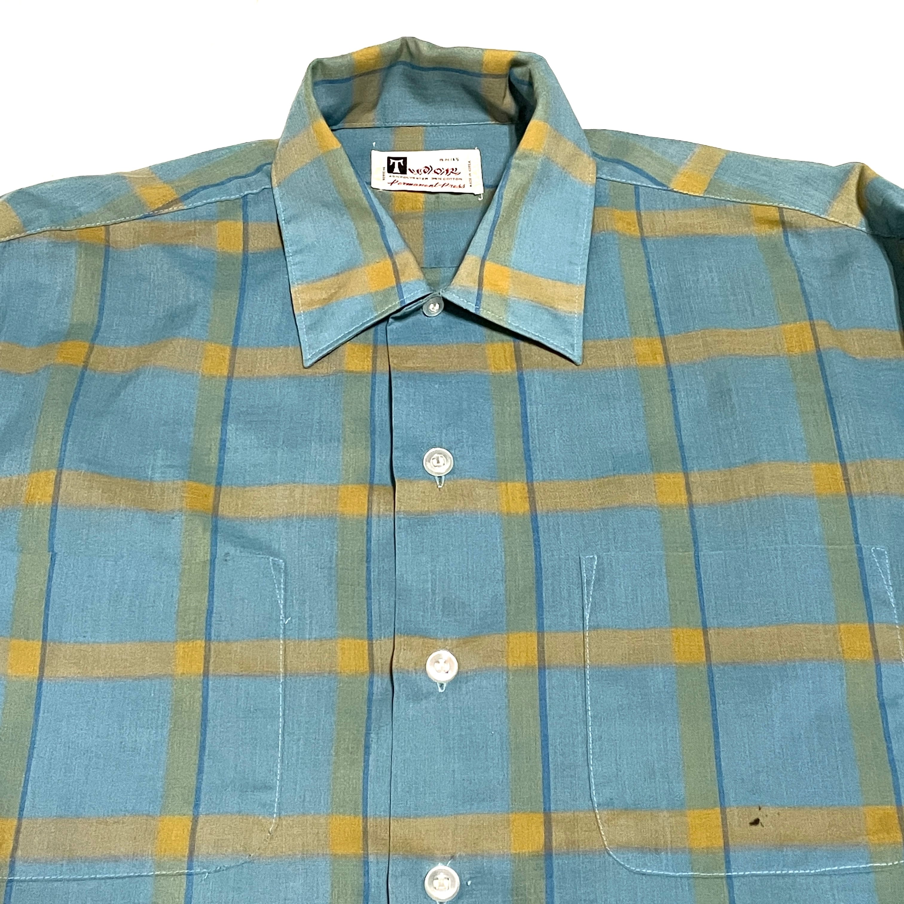 60s ヴィンテージ L/S 長袖レーヨンシャツ オンブレチェック オープンカラー ボックスシャツ(水色系,M,襟芯入り)