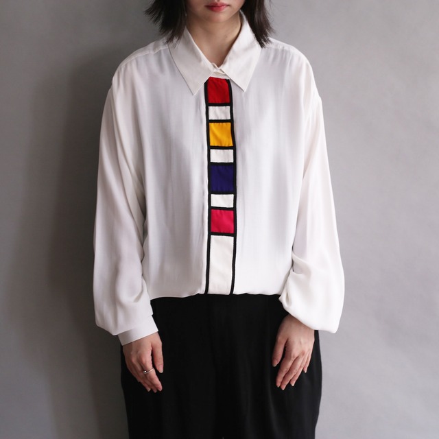 colorful switching design  l/s fly front rayon shirt