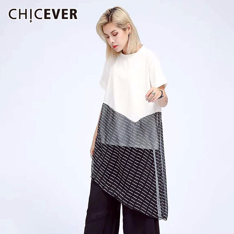 CHICEVERパッチワークメッシュ非対称女性用Tシャツ半袖特大ルーズシャツ2020夏服 ショート ハーフスリーブ サマー 夏物 6base583285394925