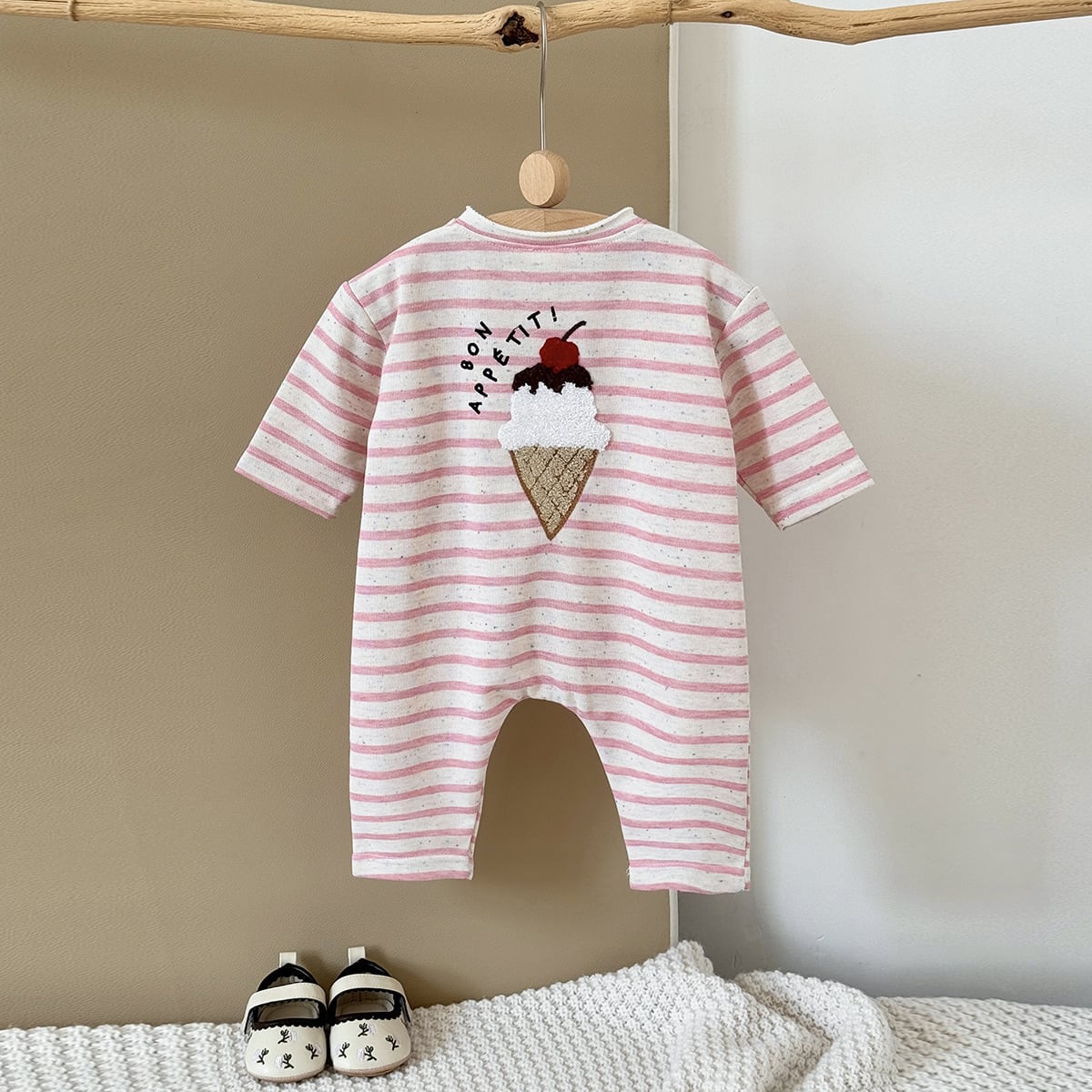 sweetワッペンつぶつぶボーダーカバーオール