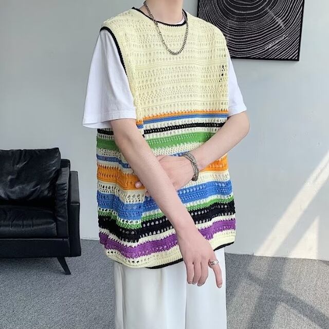 予約販売】サマーニット ノースリーブ ベスト 重ね着 ボーダー柄
