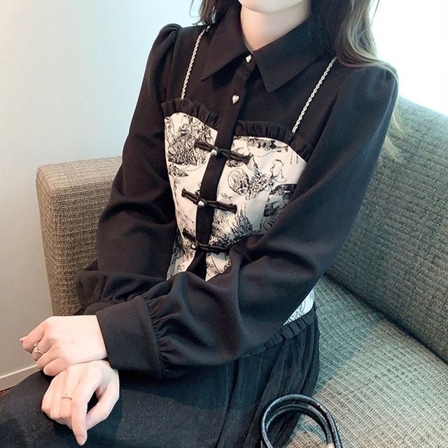 シャツ トップス ブラウス ドッキングシャツ 切り替えシャツ レイヤード風シャツ フェイクレイヤードシャツ 重ね着風シャツ チャイナ風ドッキングシャツ 襟付き 長袖 フリル 総柄 無地 レディース かわいい 大人可愛い おしゃれ ガーリー エレガント 主役級 存在感 キュート きれいめ 上品 お出かけ ショッピング 休日 デート 女子会 イベント 旅行 体型カバー ゆったり スタイルUP デイリー 普段使い フェミニン カジュアル レトロ オリエンタル 高見え 鮮度アップ