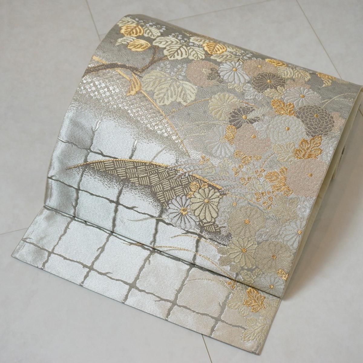 プラチナ箔 延寿古典文 菊 桐 袋帯 正絹 金糸 シルバー 206 | kimono 