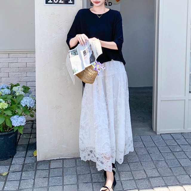 ルーズシルエットトップス+ レースAラインスカートセット　11118