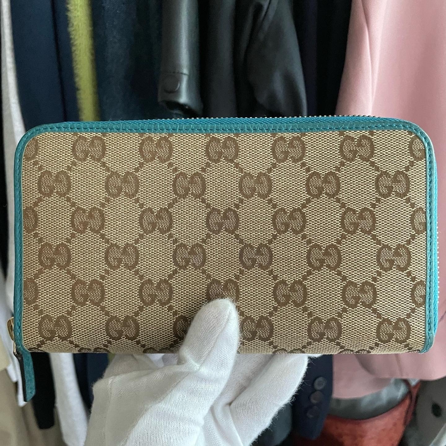 GUCCI グッチ GG キャンバス 財布 ターコイズブルー ケンブリッジ 
