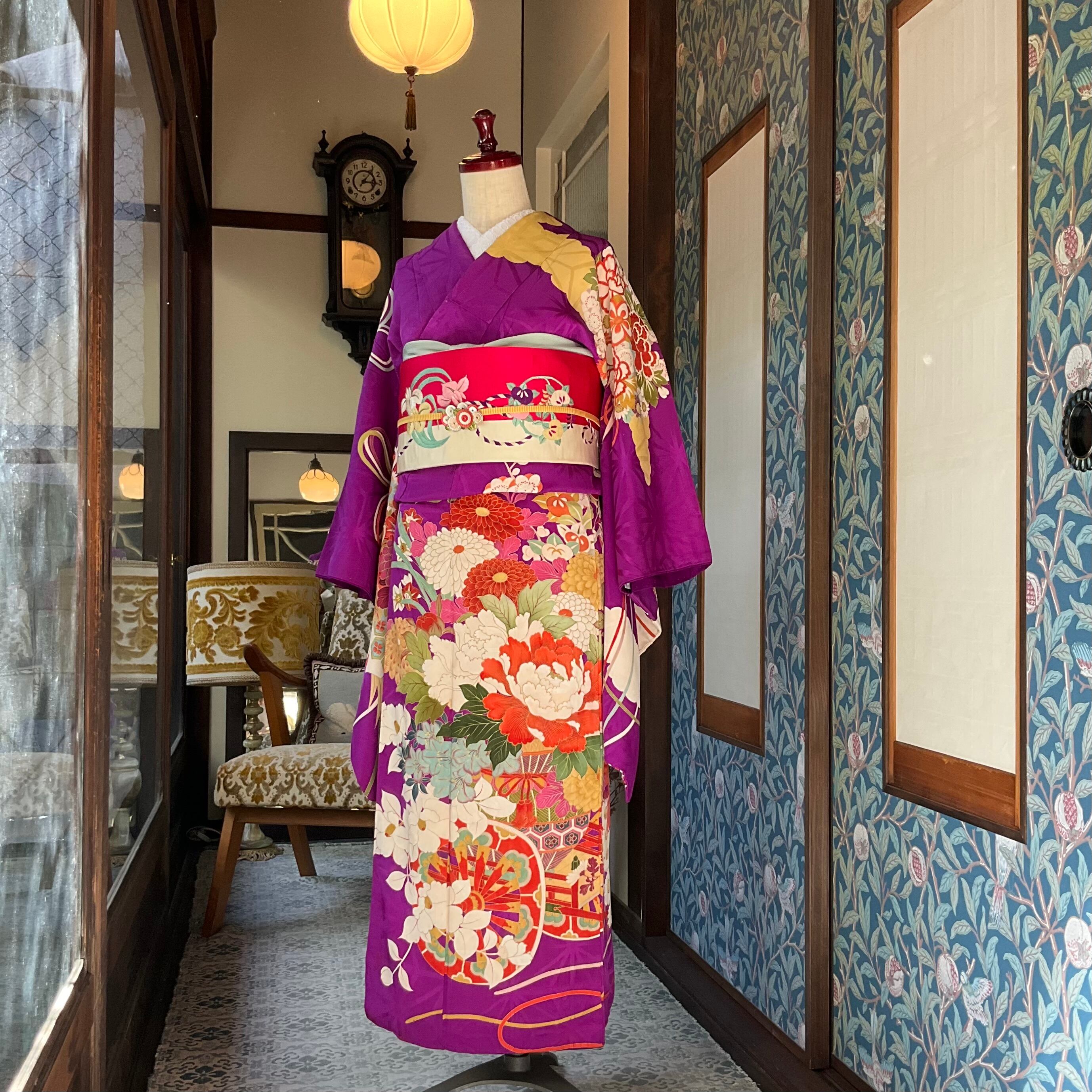 専用です☆アンティーク明るい紫の着物とブルーの着物 菊と葡萄＊ブルーパープル 青紫 花 アンティーク小紋着物 A877